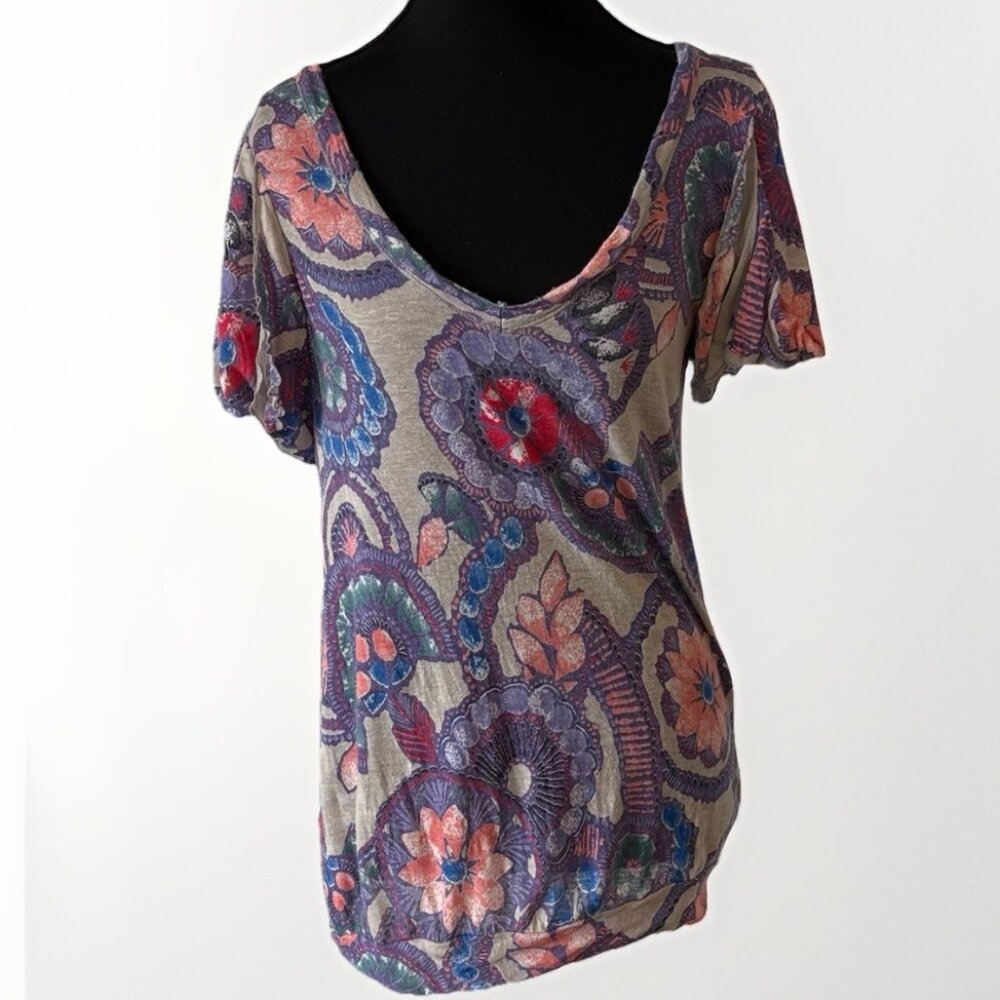 Free People M Floral V-neck Short Sleeve Top Shirt Boho Forest Fairy Hippie Y2K